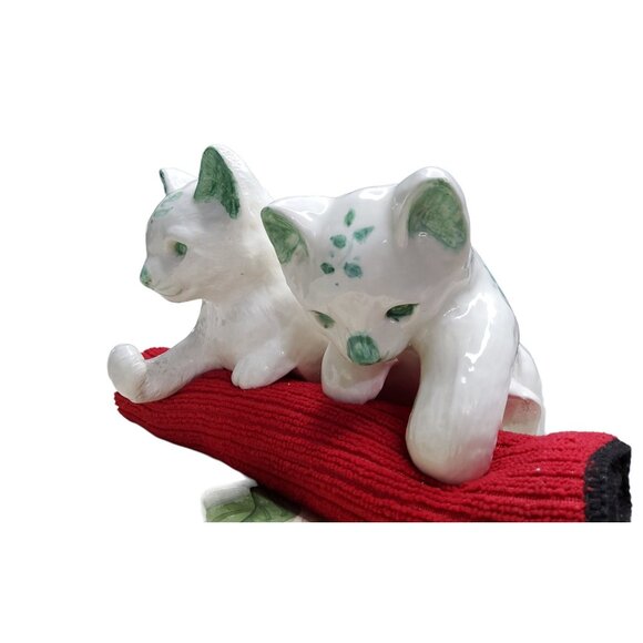 vintage ceramic cat shelf sitter pair, white with mint green, handpainted, from - Picture 7 of 11